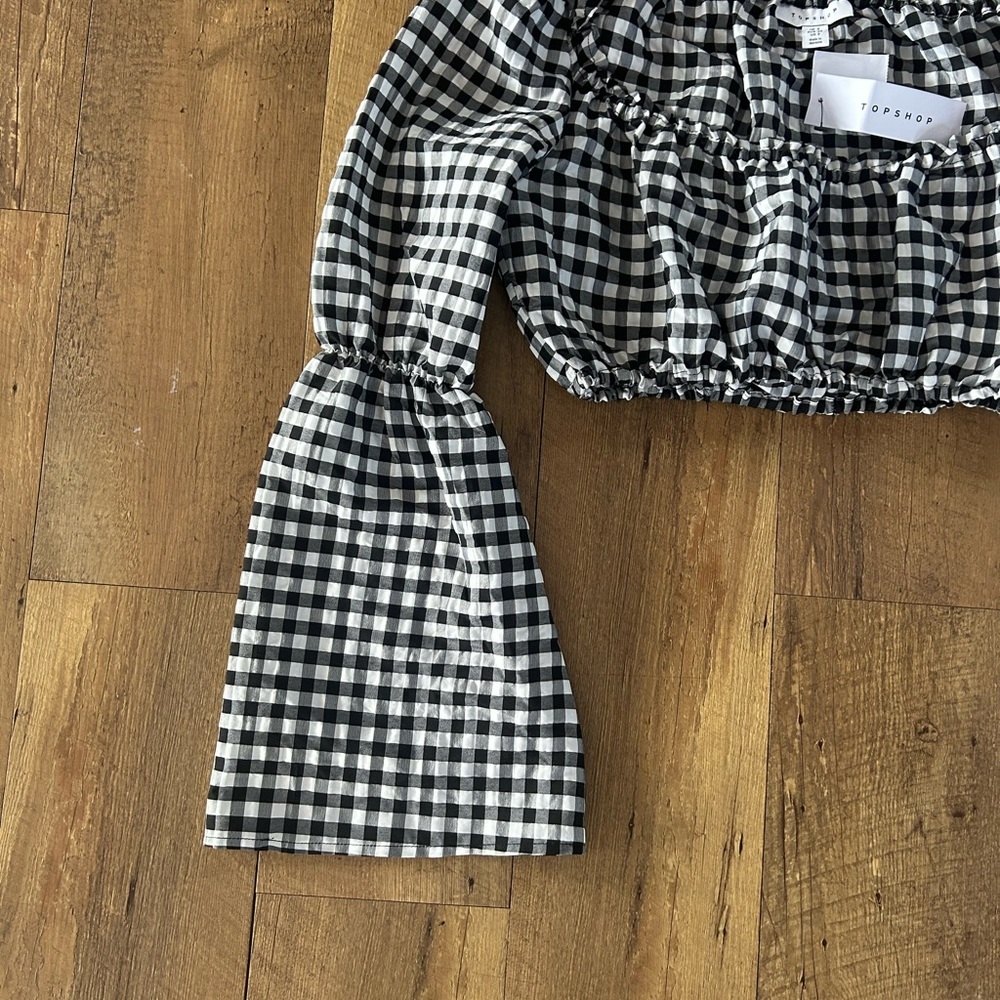 Topshop Gingham Smocked Crop Top NWT Puff Sleeve Black White Size 2 - Picture 2 of 9